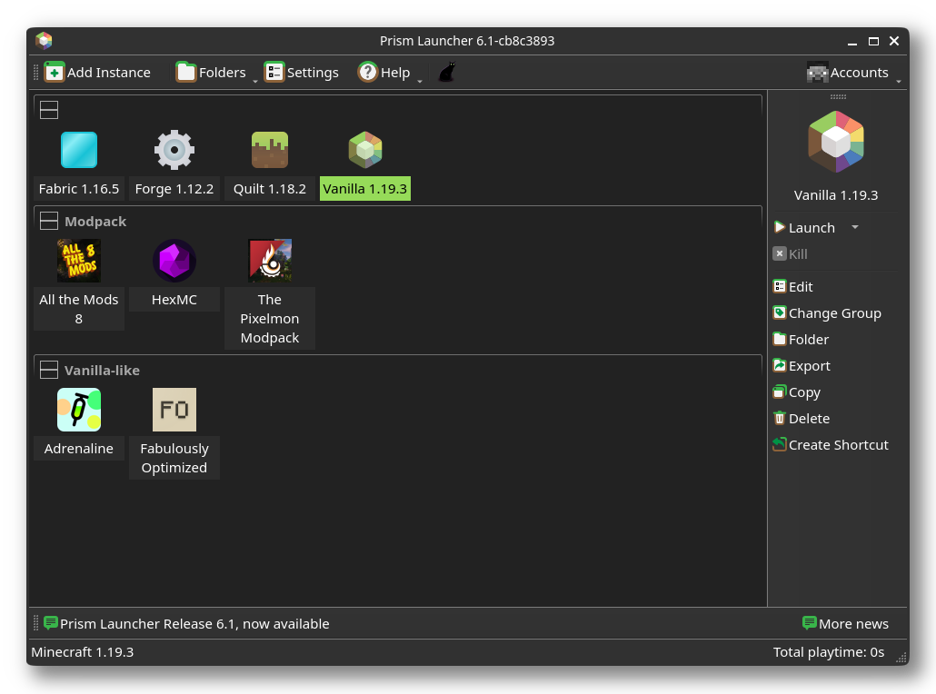 Prism Launcher Start Seite